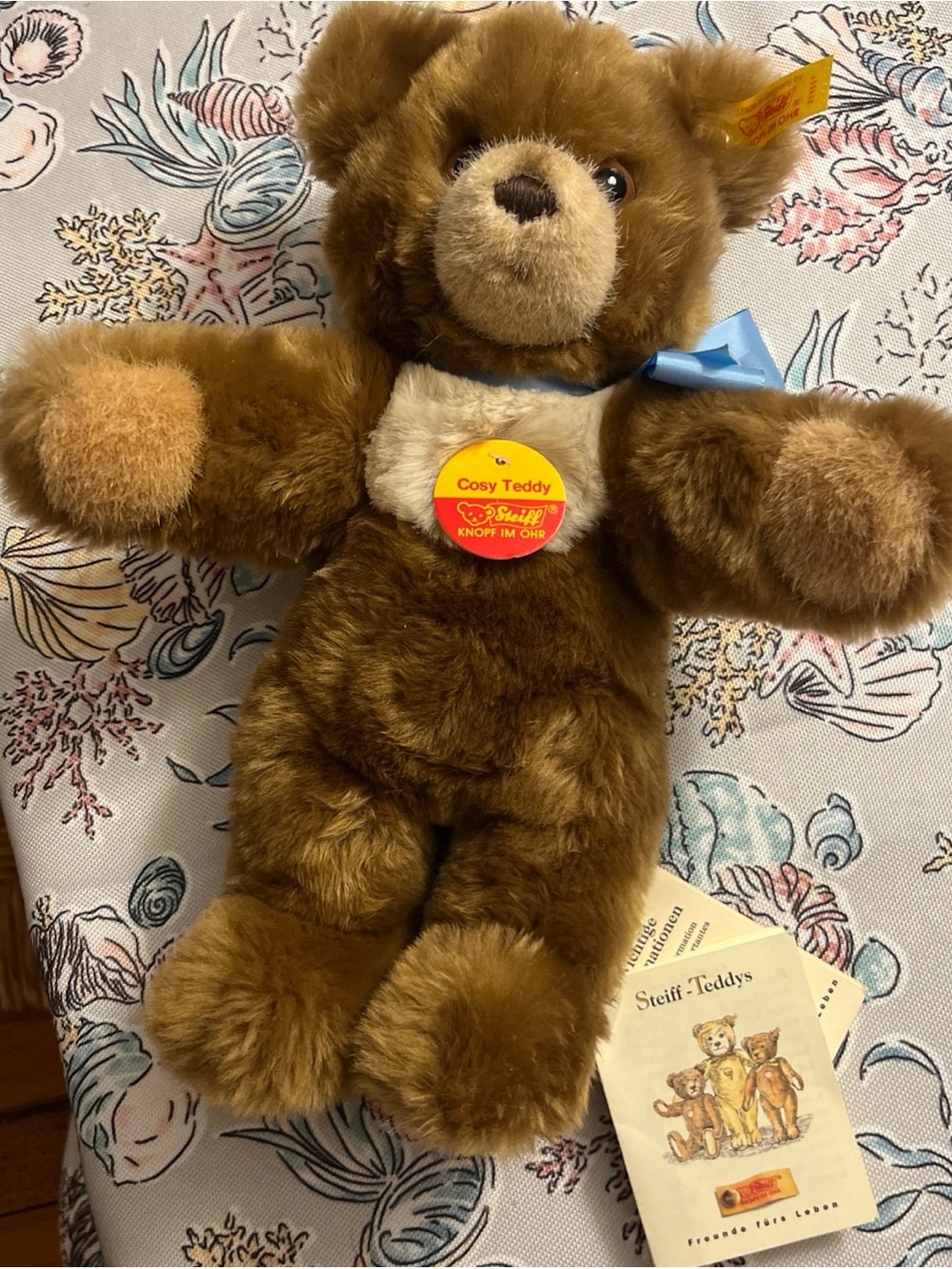 Steiff Cosy Teddy Plush Bear in Brown with Blue Ribbon